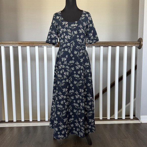 Pact Dresses & Skirts - Pact Fit & Flare Midi Dress Size M Blue Floral Organic Cotton Short Sleeve
